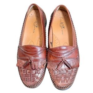 French Shriner Mens Milton Brown Leather Tassel Woven Basketweave Loafers 9.5 M